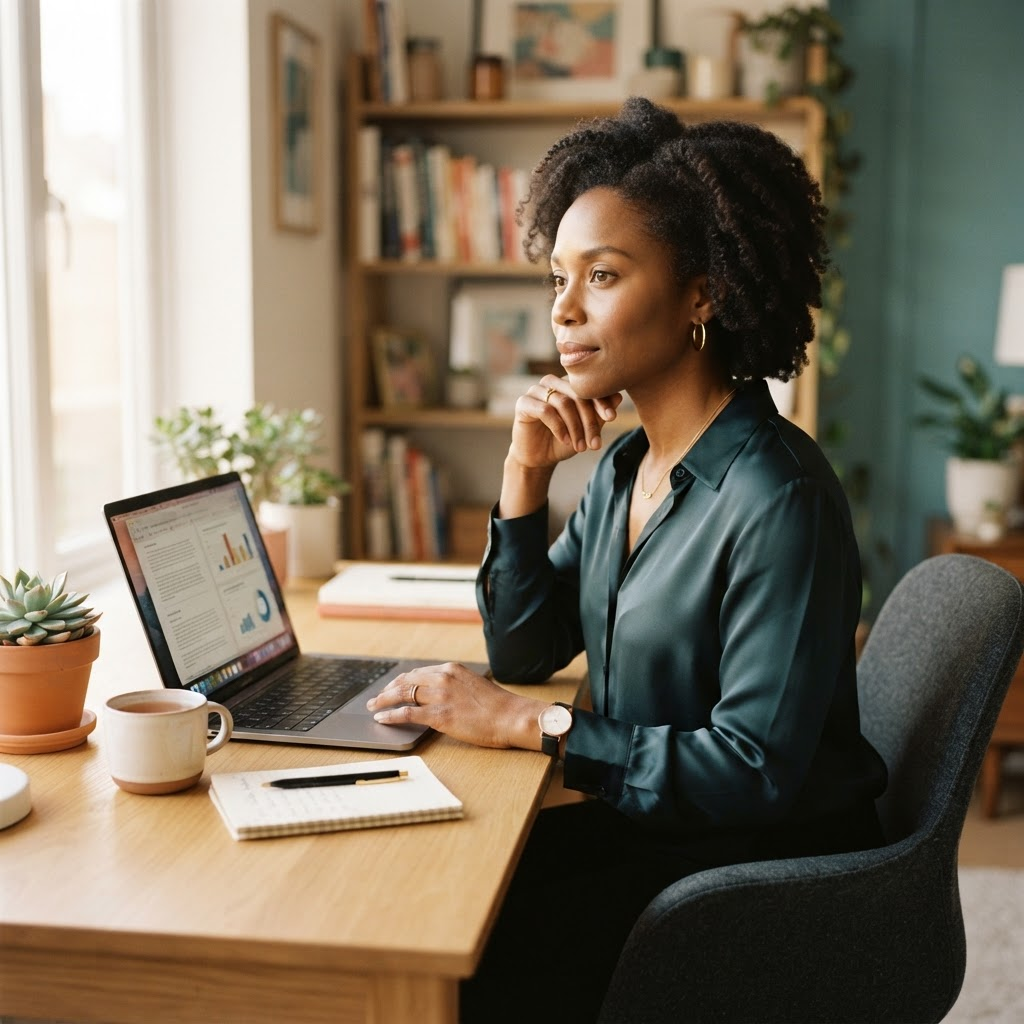 A professional working thoughtfully, communicating dignity and agency