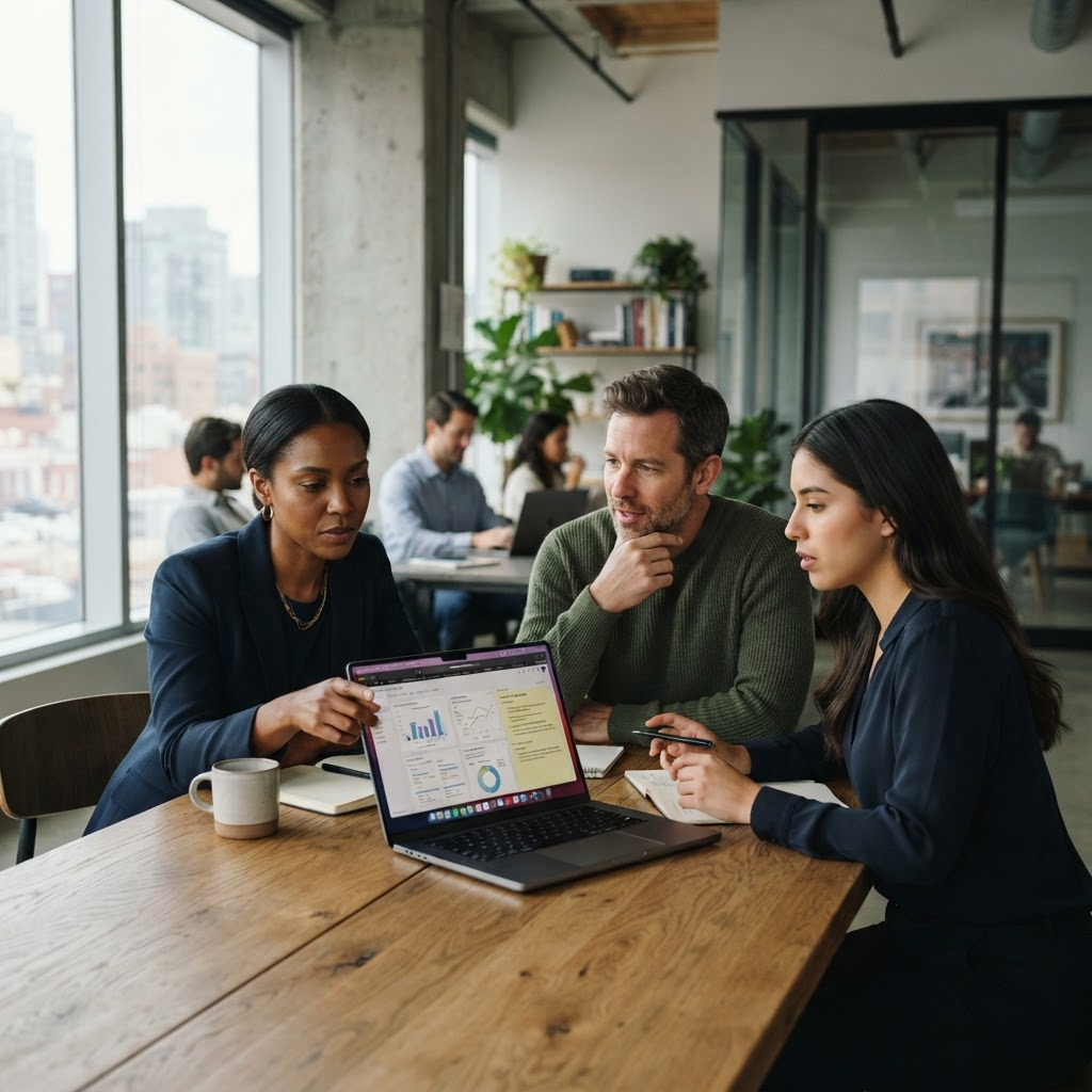 A diverse team in focused collaboration around a laptop